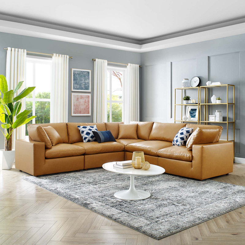 Modway Commix Down Filled Overstuffed Vegan Leather 5 Piece Sectional Sofa Tan